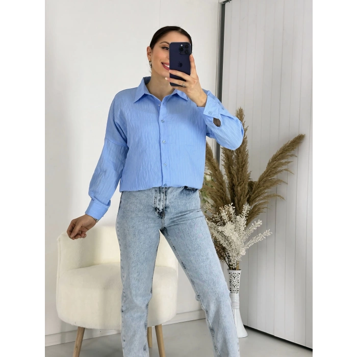 Ağaç Kabuğu Oversize Keten Mavi Gömlek