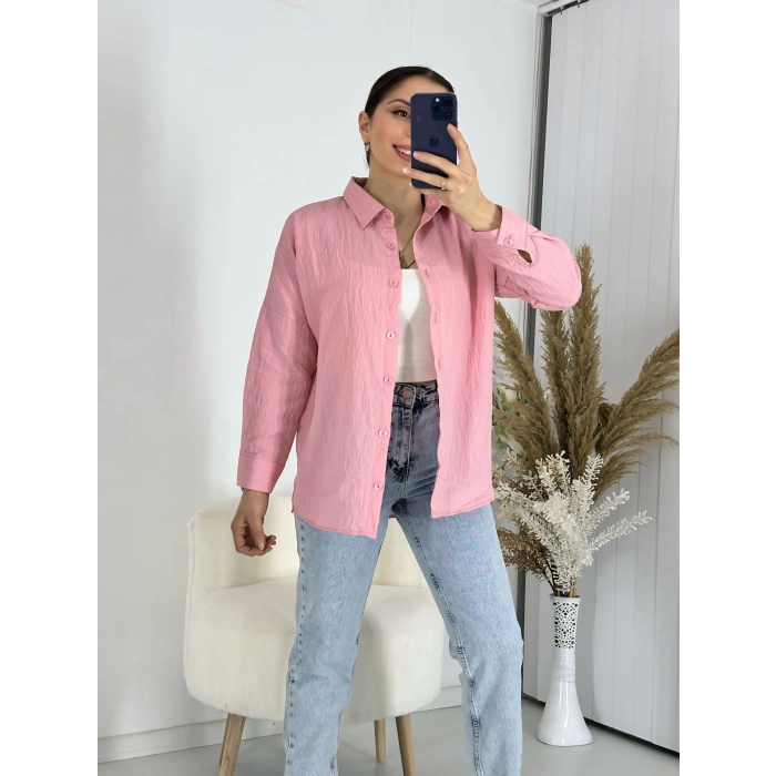 Ağaç Kabuğu Oversize Keten Pembe Gömlek