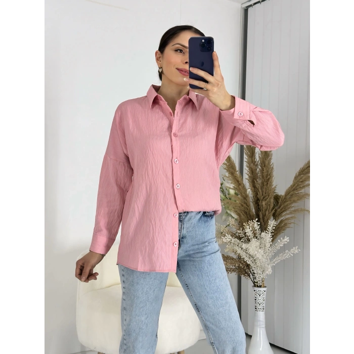 Ağaç Kabuğu Oversize Keten Pembe Gömlek