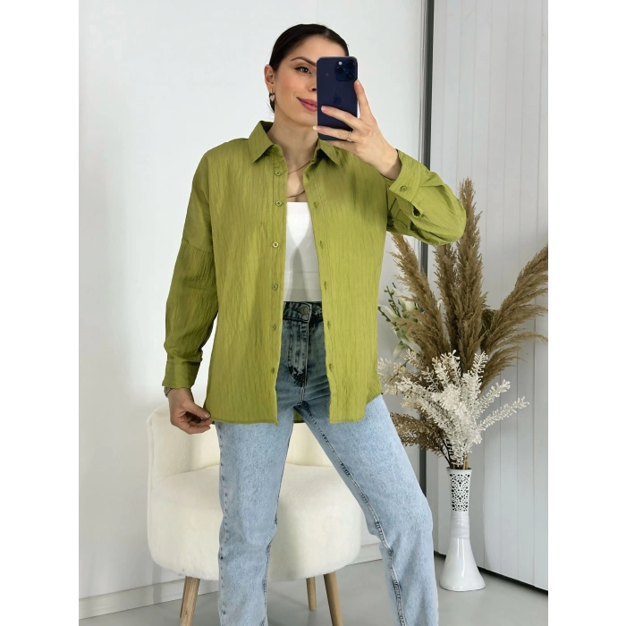 Ağaç Kabuğu Oversize Keten Yağ Yeşil Gömlek