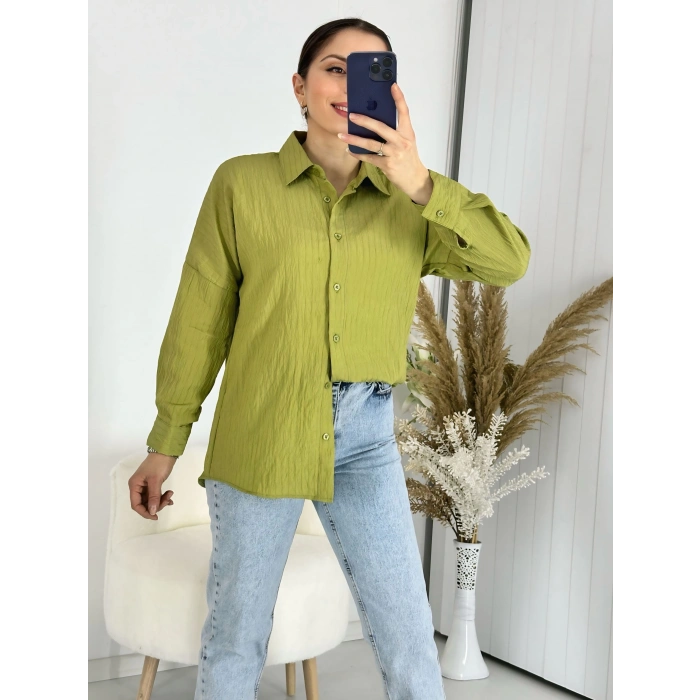 Ağaç Kabuğu Oversize Keten Yağ Yeşil Gömlek