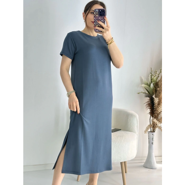 Antrasit Kısa Kollu Yanları Yırtmaçlı Penye Elbise