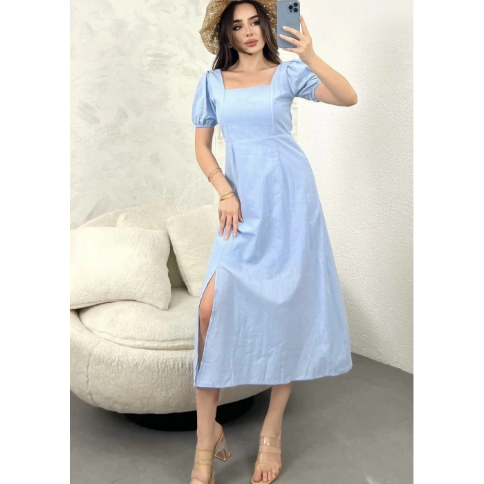 BEBE MAVİ SIRT DEKOLTE KETEN ELBİSE