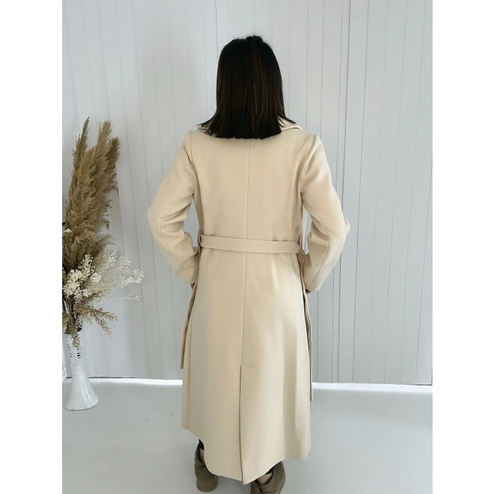 Bej İçi Astarlı Kemerli Uzun Kaşe Kaban