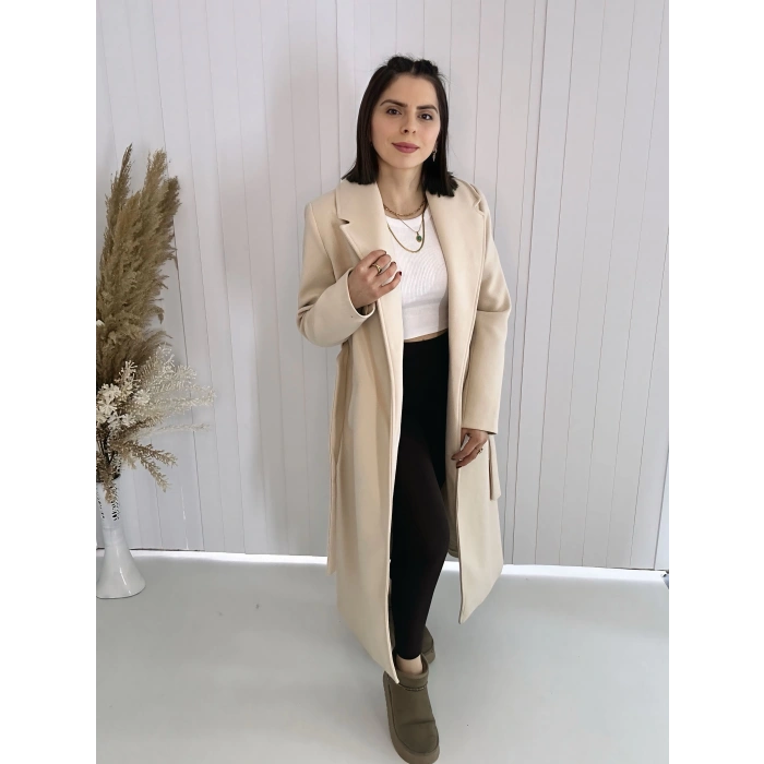 Bej İçi Astarlı Kemerli Uzun Kaşe Kaban