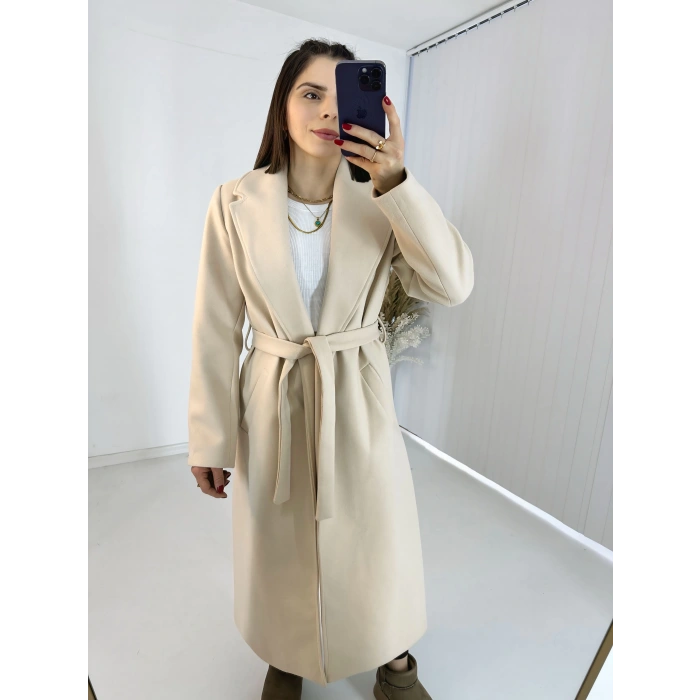 Bej İçi Astarlı Kemerli Uzun Kaşe Kaban