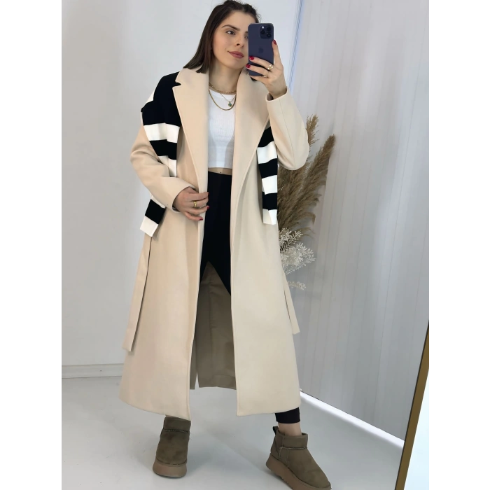 Bej İçi Astarlı Kemerli Uzun Kaşe Kaban