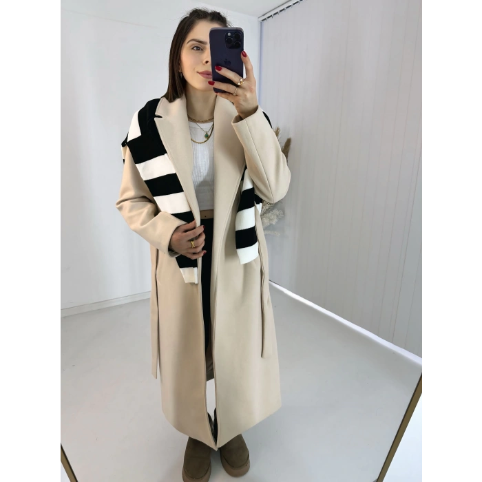 Bej İçi Astarlı Kemerli Uzun Kaşe Kaban