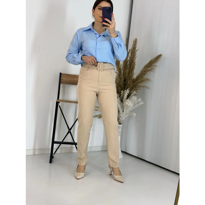 Bej Kemerli Boru Paça Kumaş Pantolon