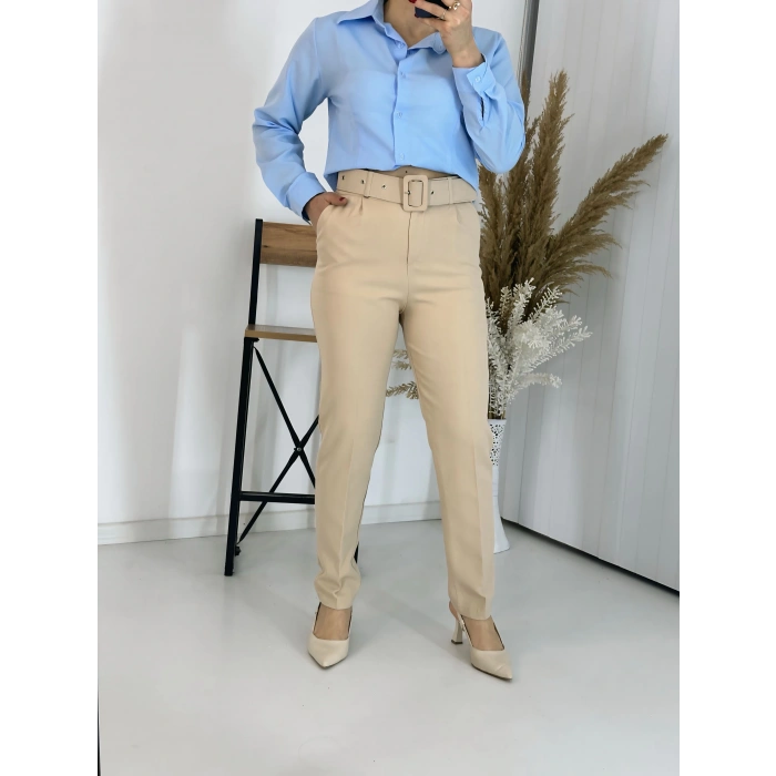 Bej Kemerli Boru Paça Kumaş Pantolon