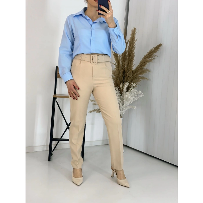 Bej Kemerli Boru Paça Kumaş Pantolon