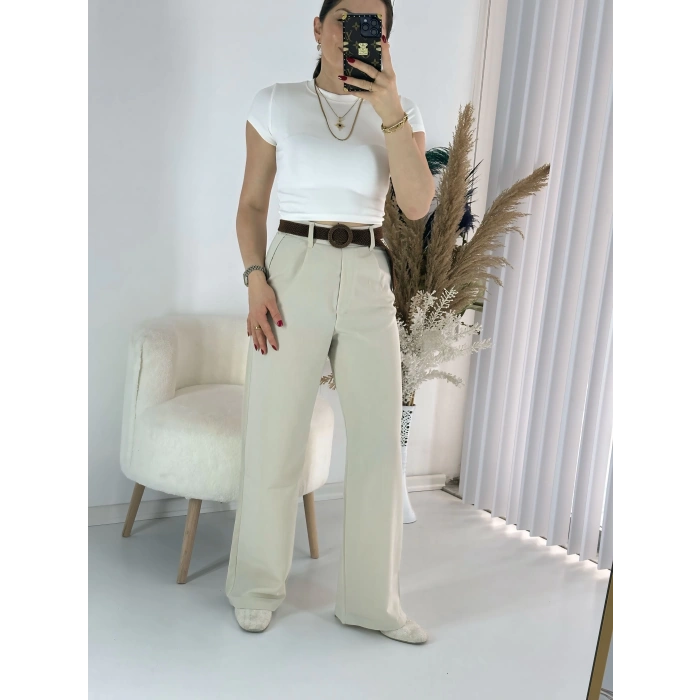 Bej Kemerli Keten Palazzo Pantolon