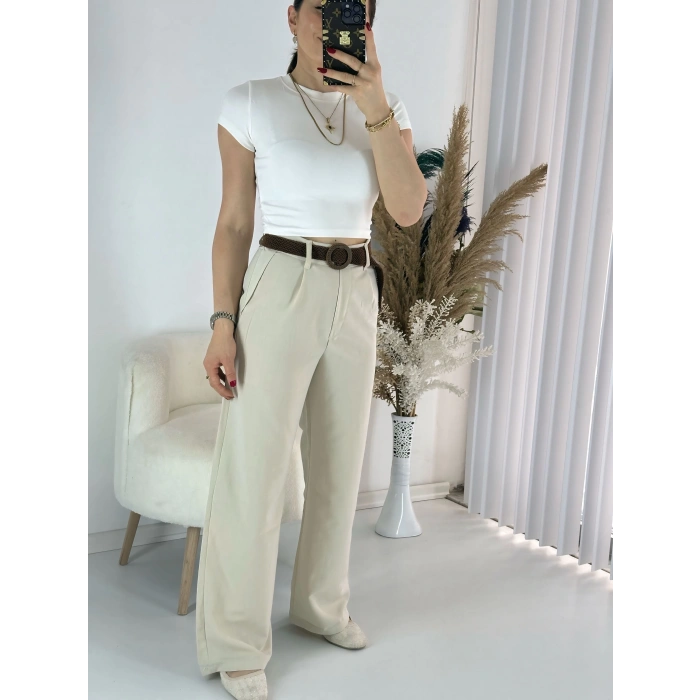 Bej Kemerli Keten Palazzo Pantolon