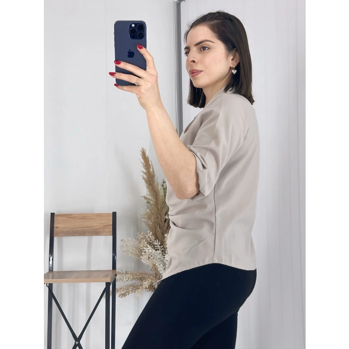 Bej Kravuze Yaka Bel Bağlamalı Gömlek