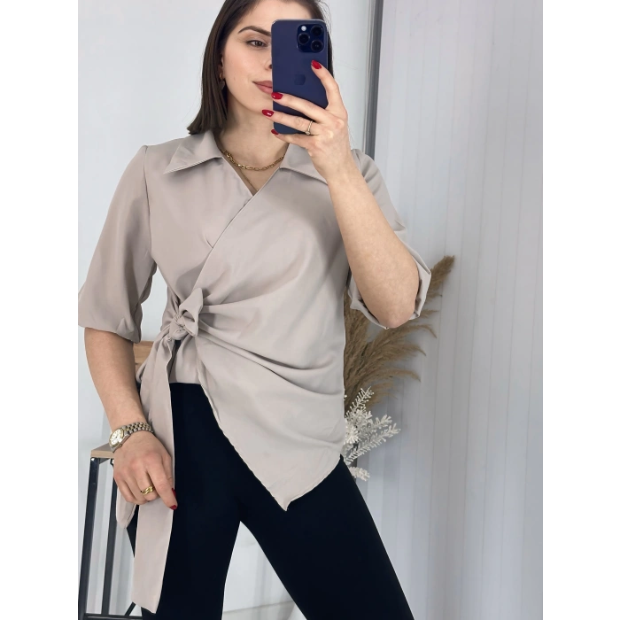 Bej Kravuze Yaka Bel Bağlamalı Gömlek