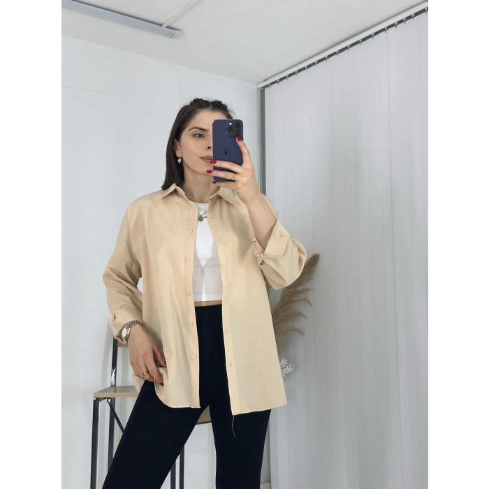 Bej Uzun Kollu Basic Pamuklu Oversize Gömlek