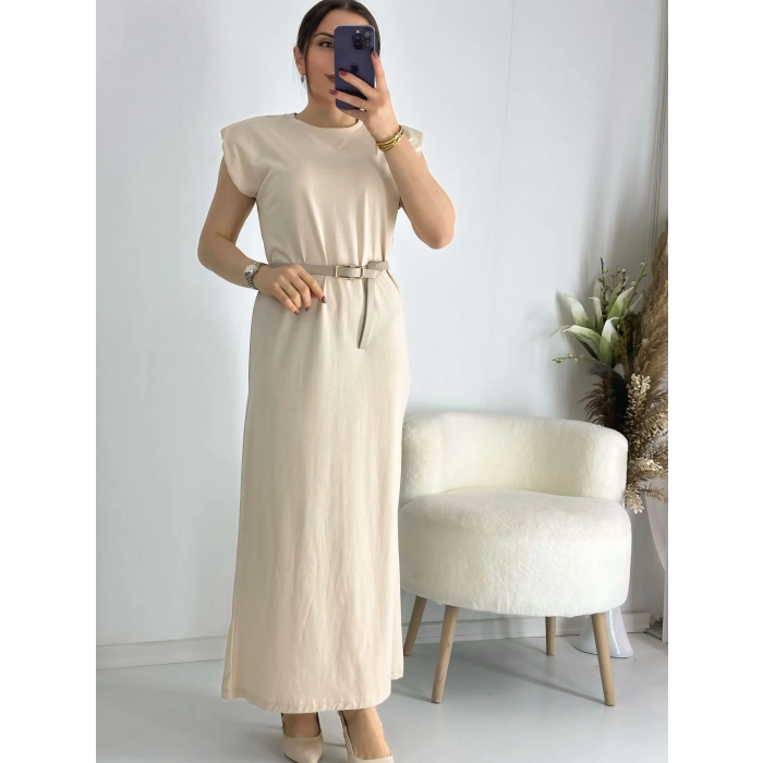 Bej Vatkalı Penye Elbise