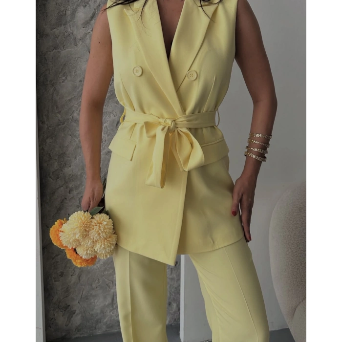 Bel Kuşaklı Yelek Palazzo Takım Sarı