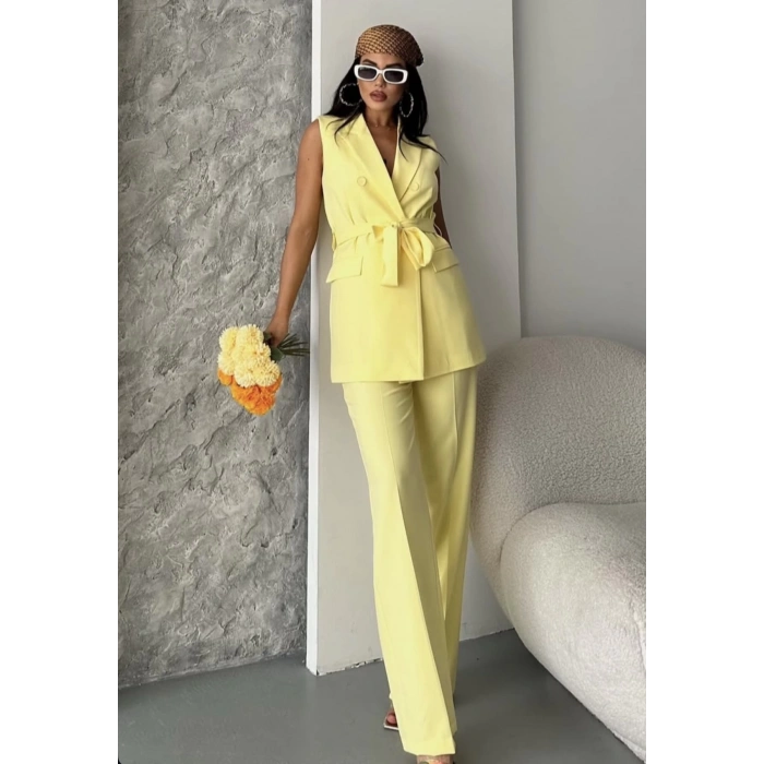 Bel Kuşaklı Yelek Palazzo Takım Sarı
