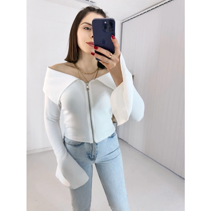 Beyaz Fermuarlı İspanyol Kol Ottoman Bluz