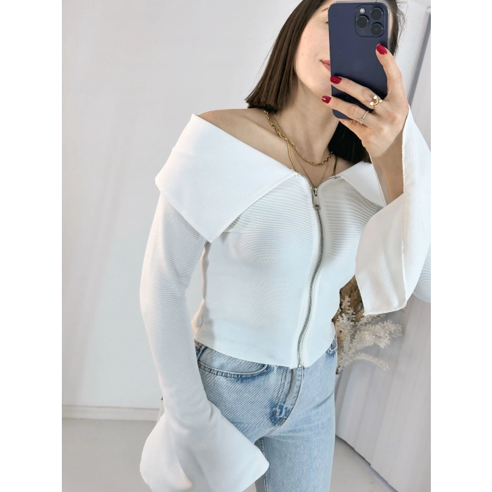 Beyaz Fermuarlı İspanyol Kol Ottoman Bluz