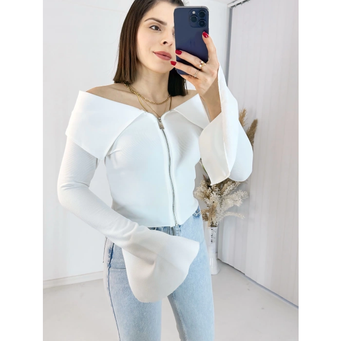 Beyaz Fermuarlı İspanyol Kol Ottoman Bluz