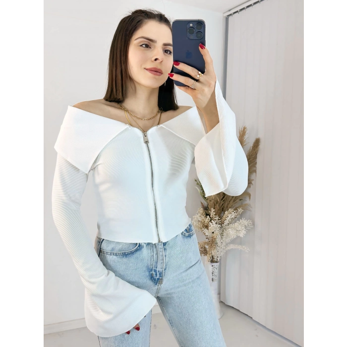 Beyaz Fermuarlı İspanyol Kol Ottoman Bluz