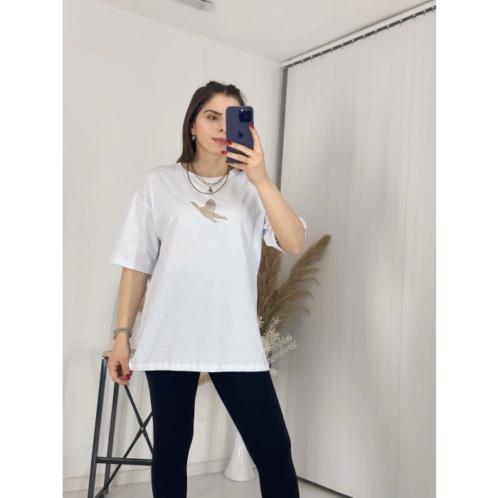 Beyaz Gold Taş İşlemeli Kuşlu Tişört