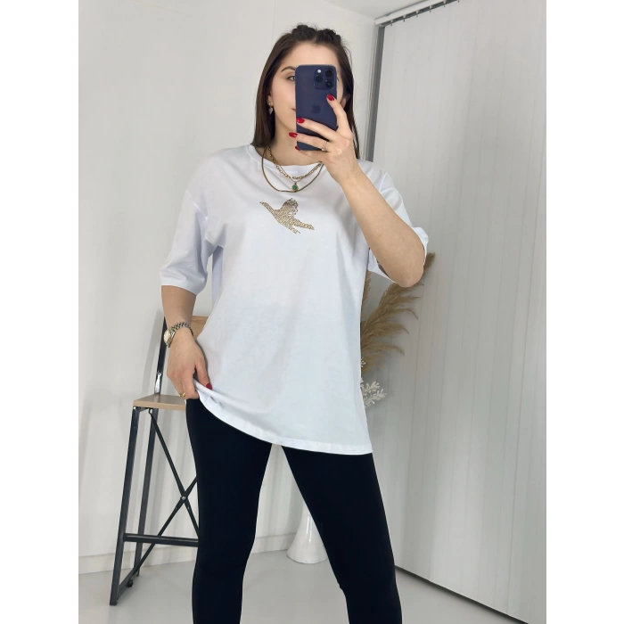 Beyaz Gold Taş İşlemeli Kuşlu Tişört