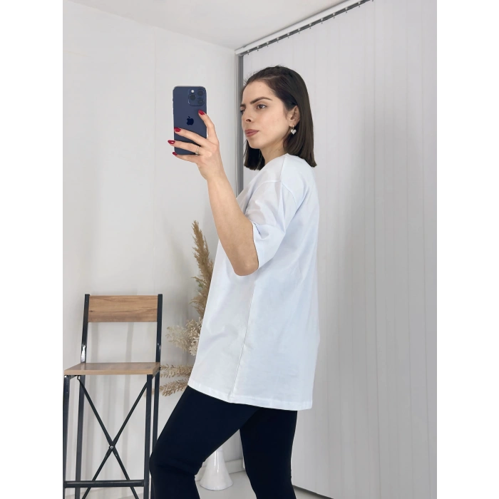 Beyaz Gold Taş İşlemeli Kuşlu Tişört