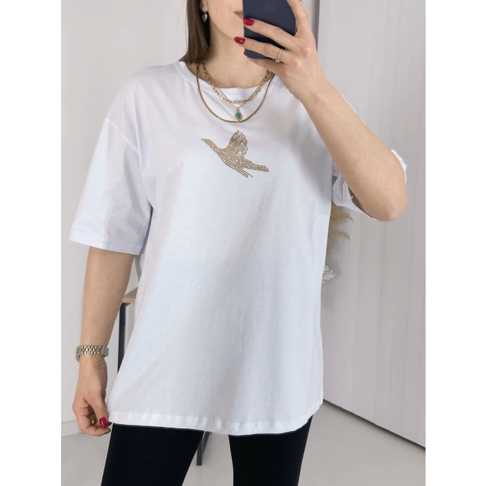 Beyaz Gold Taş İşlemeli Kuşlu Tişört