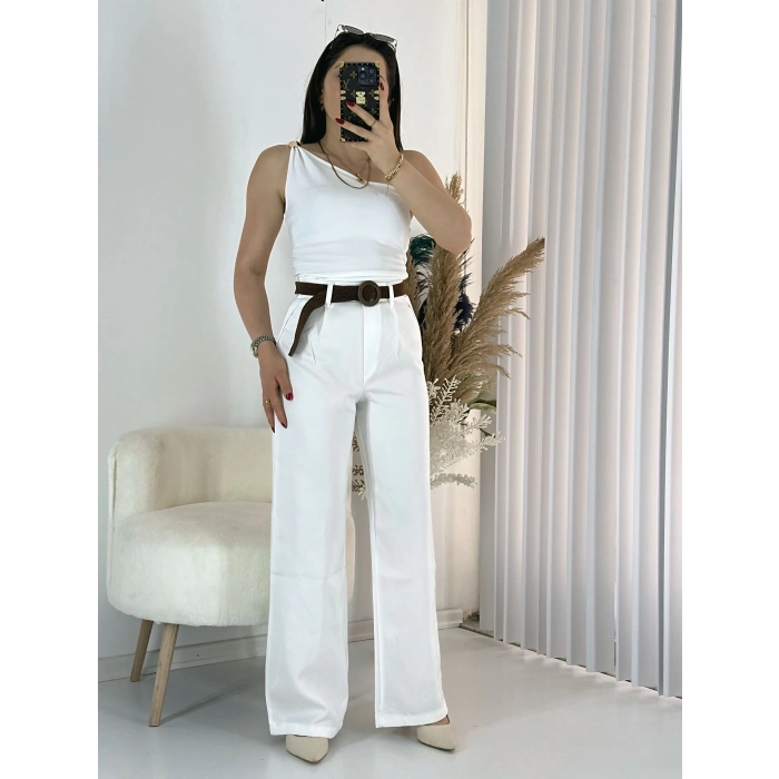 Beyaz Kemerli Keten Palazzo Pantolon