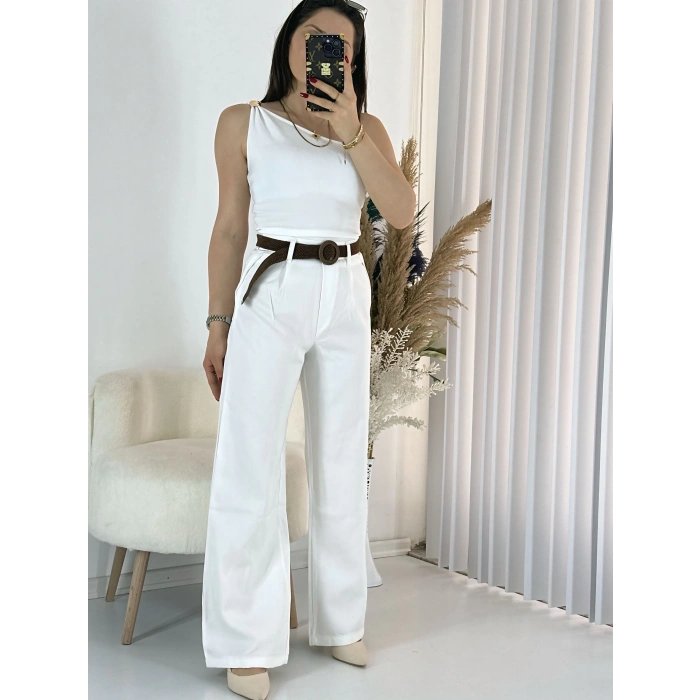 Beyaz Kemerli Keten Palazzo Pantolon