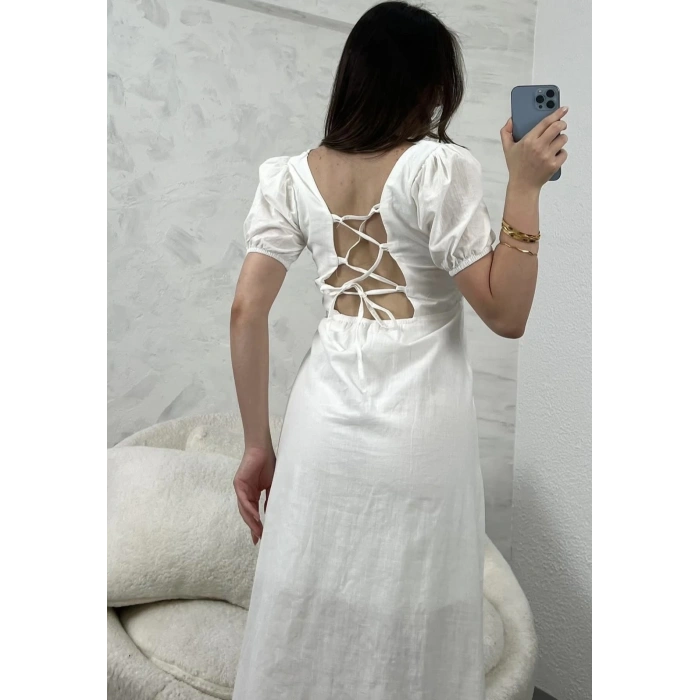 BEYAZ SIRT DEKOLTE KETEN ELBİSE