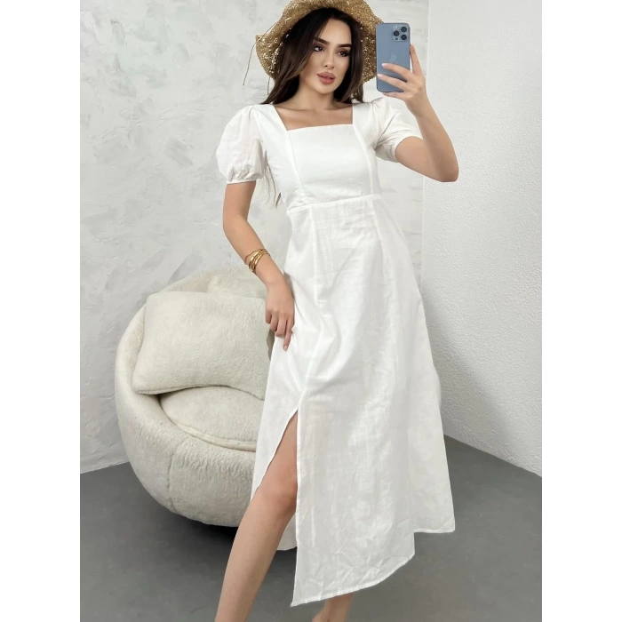 BEYAZ SIRT DEKOLTE KETEN ELBİSE