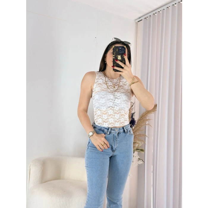 Beyaz Transparan Dantel Bluz