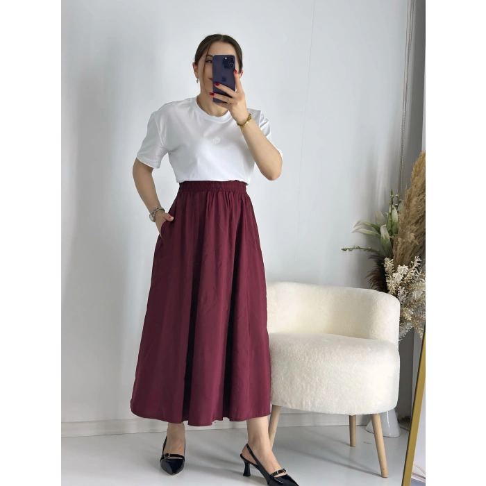 Bordo Beli Lastiklı Kloş Balon Etek