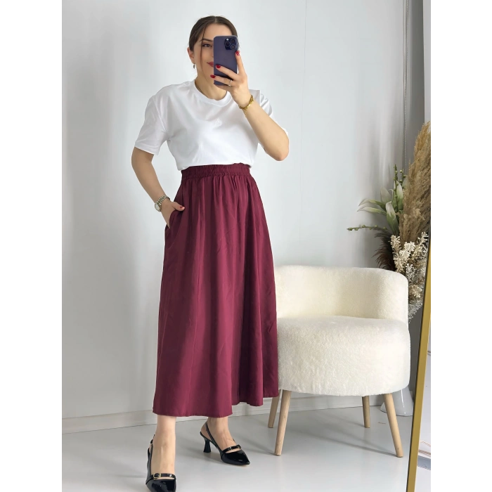 Bordo Beli Lastiklı Kloş Balon Etek