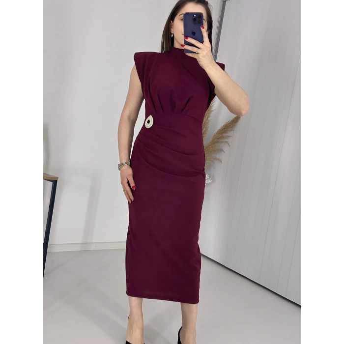 Bordo BROŞLU Vatkalı Krep Elbise
