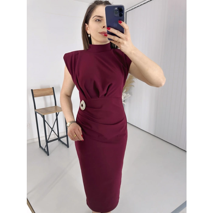 Bordo BROŞLU Vatkalı Krep Elbise