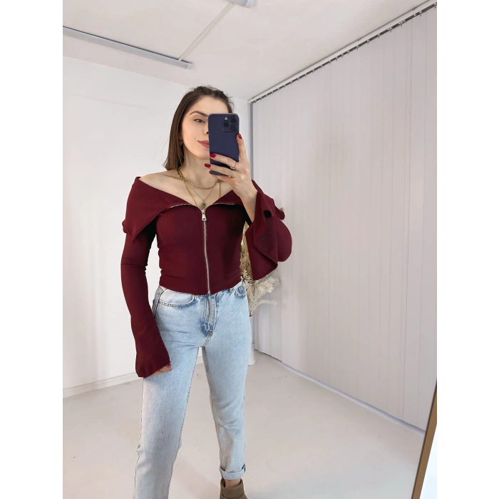 Bordo Fermuarlı İspanyol Kol Ottoman Bluz