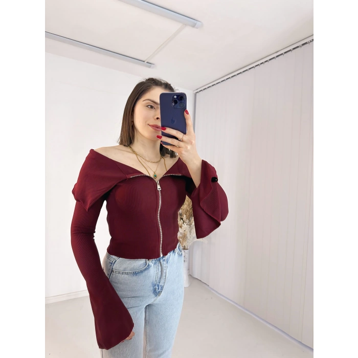 Bordo Fermuarlı İspanyol Kol Ottoman Bluz