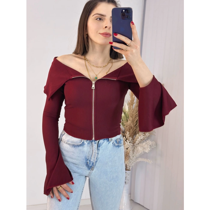 Bordo Fermuarlı İspanyol Kol Ottoman Bluz