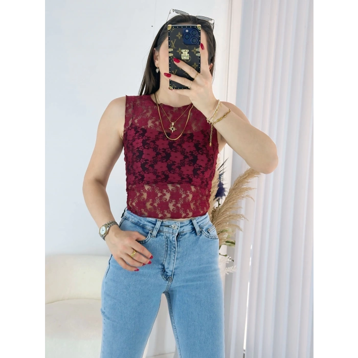 Bordo Transparan Dantel Bluz
