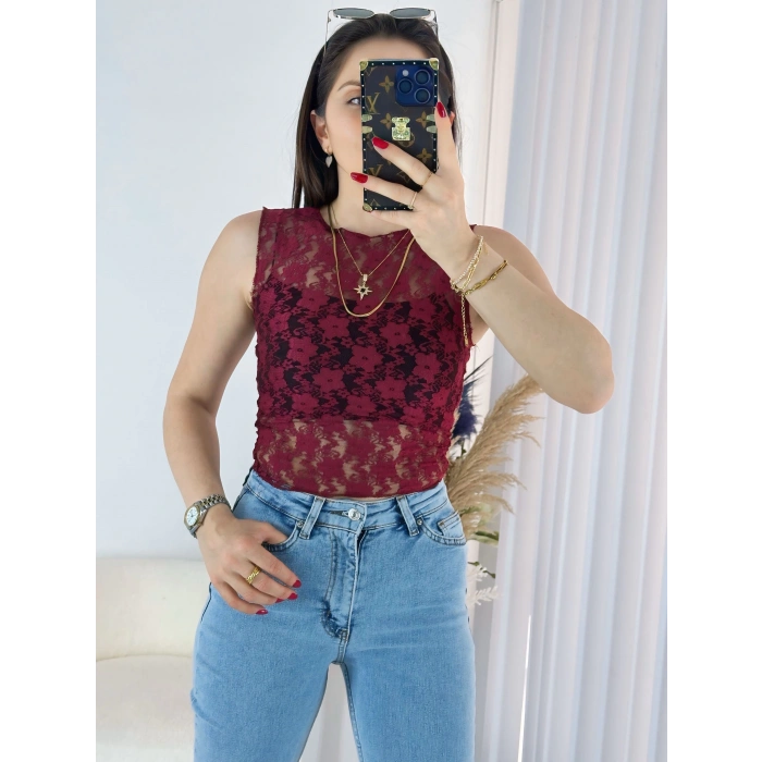 Bordo Transparan Dantel Bluz
