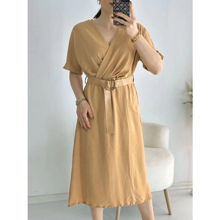 Camel Kravuze Yaka Keten Elbise