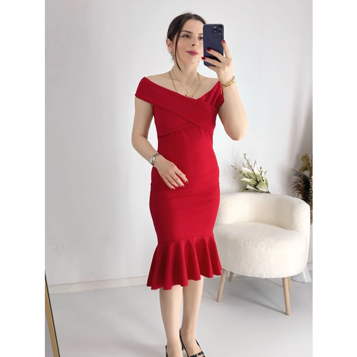 Kırmızı Çapraz Yaka Kolsuz Etek Ucu Valonlu Kalem Elbise