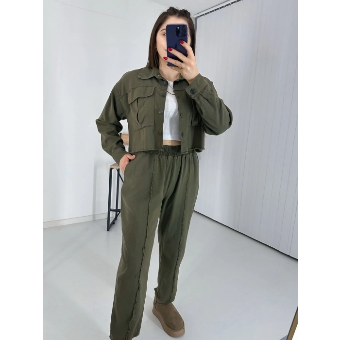 Çift Cepli Ceket Ve Dikiş Detaylı Pantolon İkili Takım - Haki