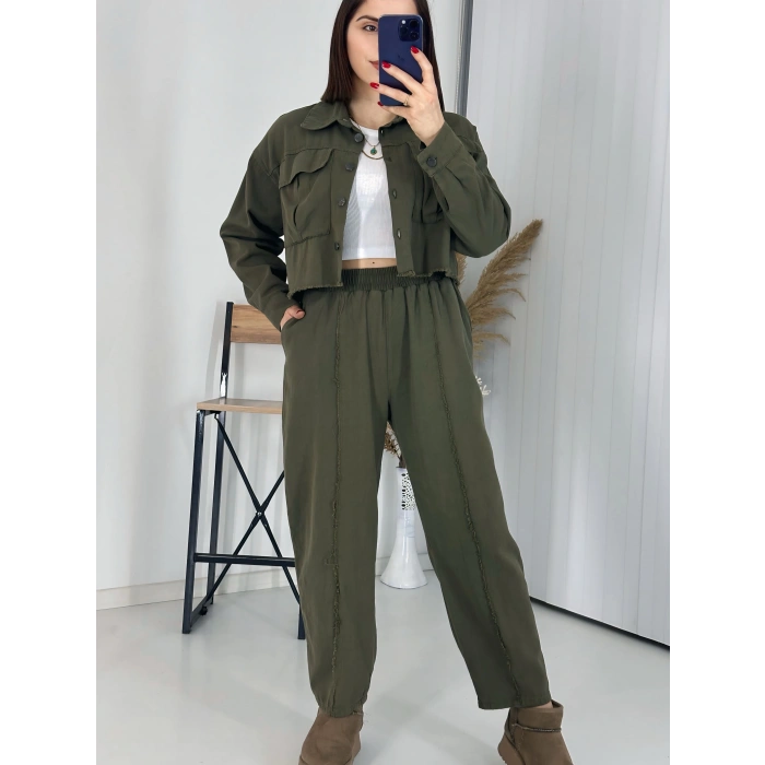 Çift Cepli Ceket Ve Dikiş Detaylı Pantolon İkili Takım - Haki