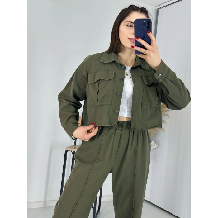 Çift Cepli Ceket Ve Dikiş Detaylı Pantolon İkili Takım - Haki